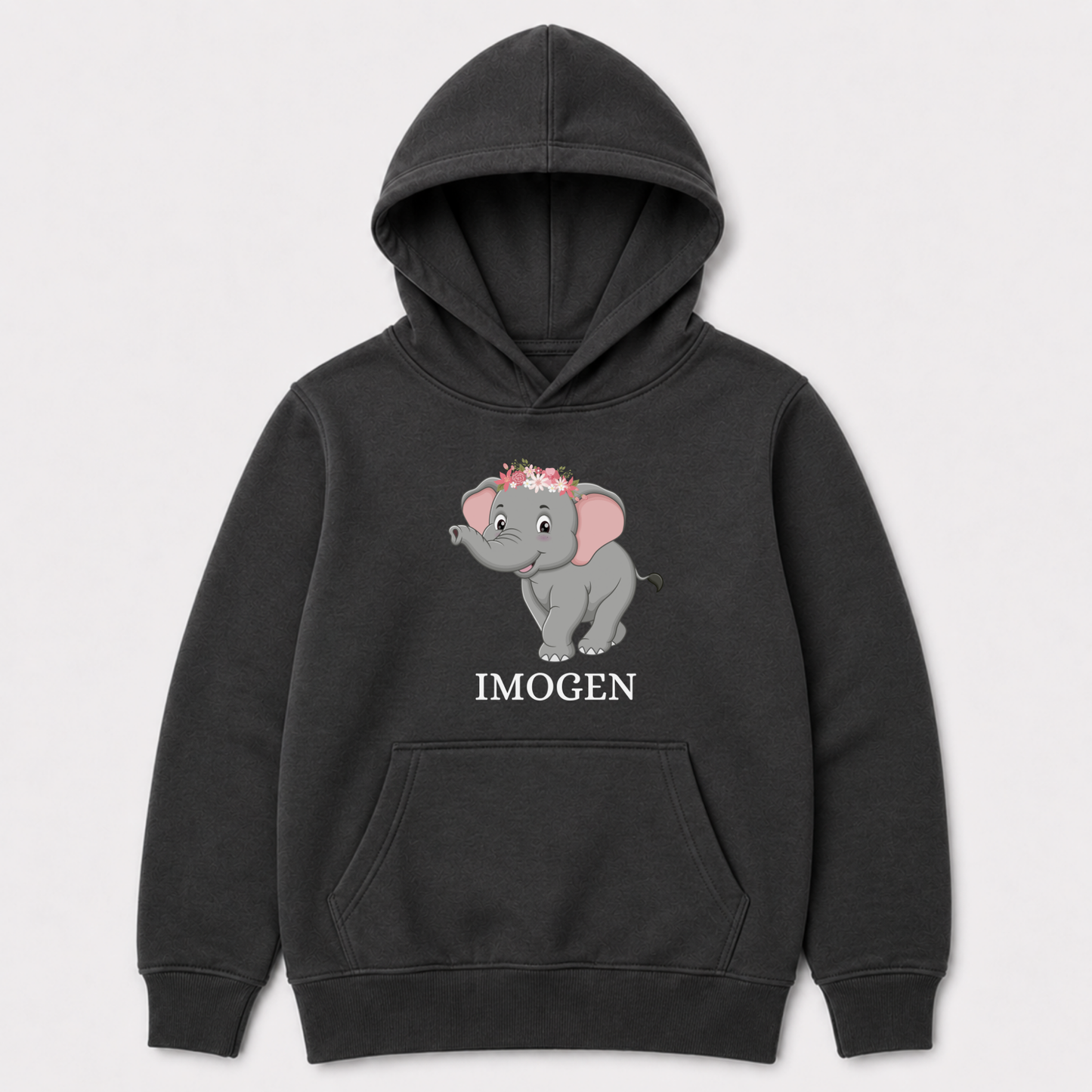 Charcoal grey girls hoodie with a cute baby elephant wearing a flower crown and the name “Imogen” printed below in white text