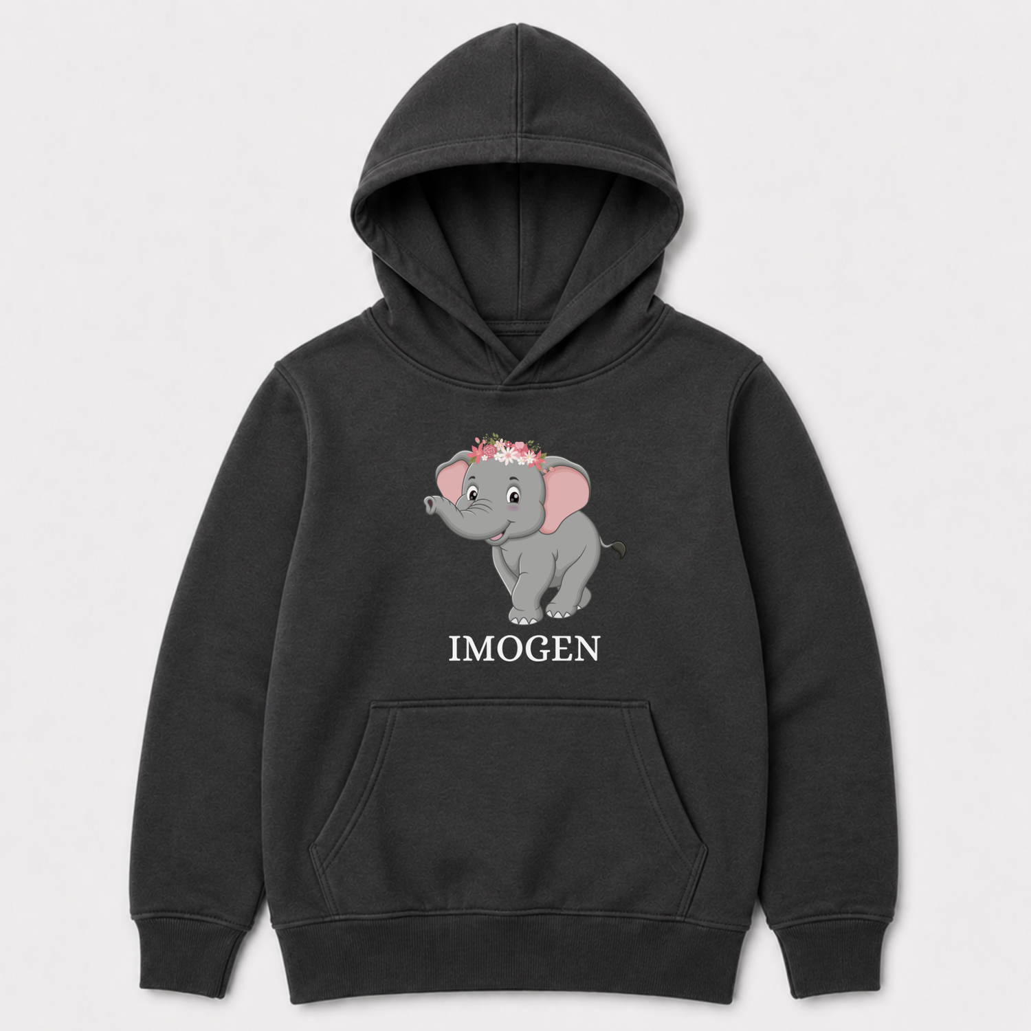 Charcoal grey girls hoodie with a cute baby elephant wearing a flower crown and the name “Imogen” printed below in white text