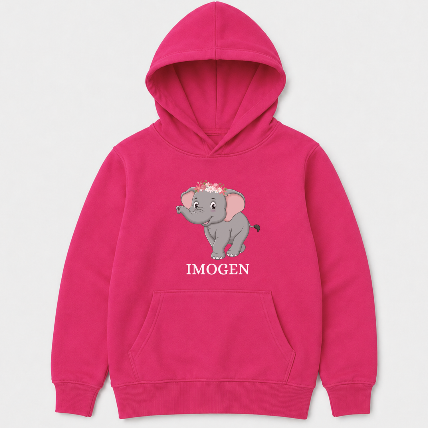 Girls hot pink hoodie with an elephant graphic and custom name 'IMOGEN' printed underneath