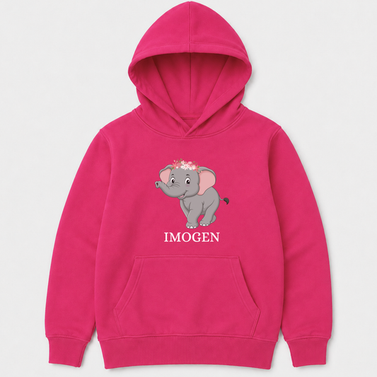 Girls hot pink hoodie with an elephant graphic and custom name 'IMOGEN' printed underneath