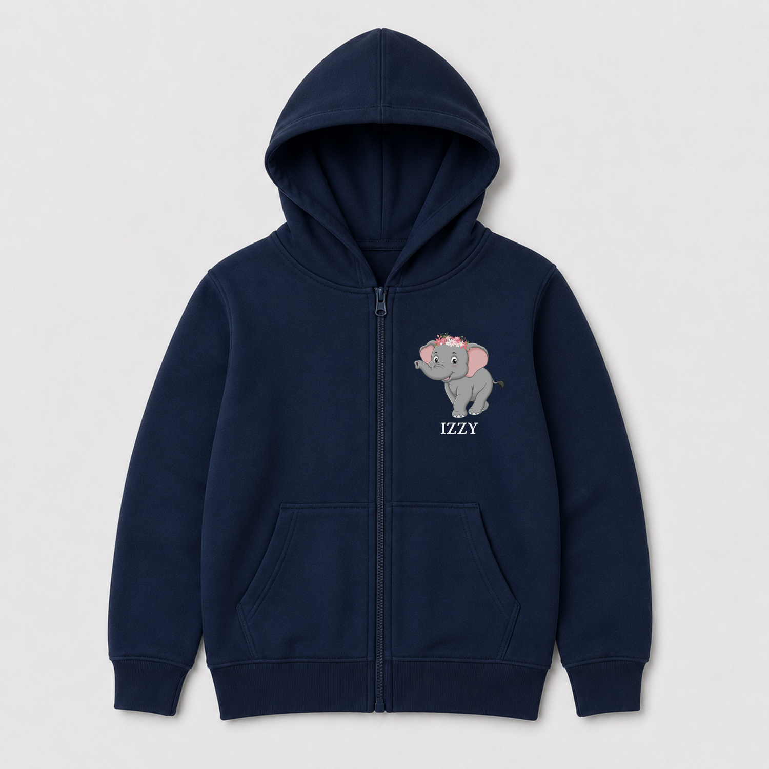 A kids navy blue zip-up hoodie with a front pocket motif, featuring a cartoon elephant graphic on the left chest with the name 'IZZY' printed below it, flat-lay against a light grey background.