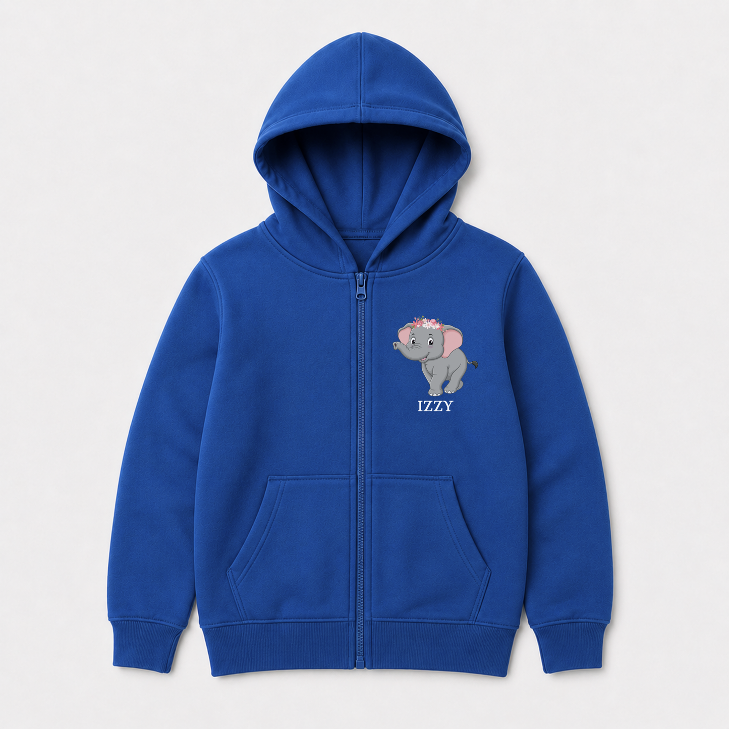 A royal blue zip-up hoodie for kids, featuring a cartoon elephant graphic on the left chest with the name 'IZZY' printed below it. The hoodie has a front zipper, hood, and pockets, shown against a light grey background.