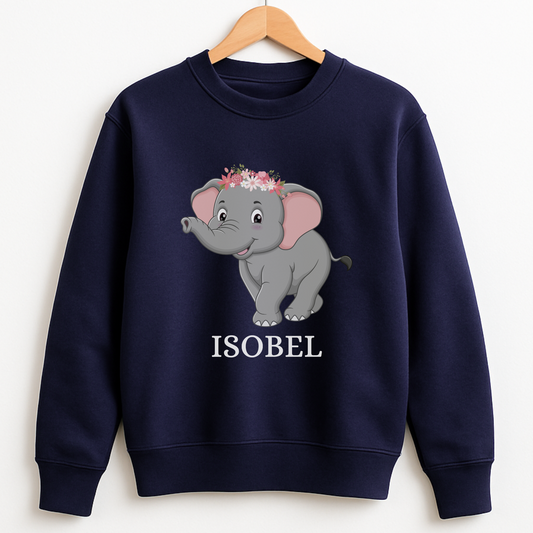 Navy blue sweatshirt with an elephant graphic and 'ISOBEL' text on a white background