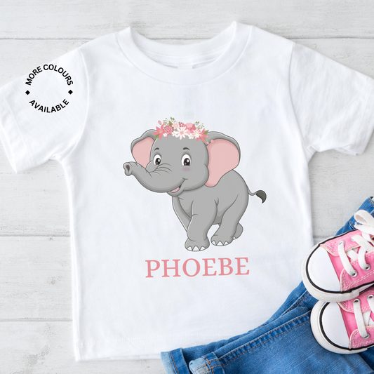 Girls Elephant T-Shirt – Personalised Floral Crown Tee (Ages 3-13)