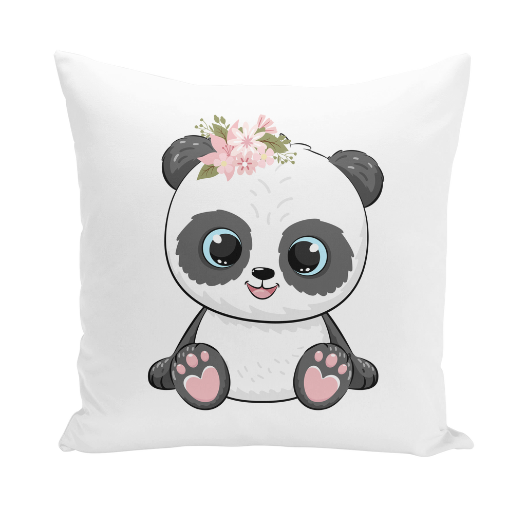 A square white throw pillow featuring a cute cartoon panda with large blue eyes, a pink flower crown, and pink paw pads, shown on a plain white background.