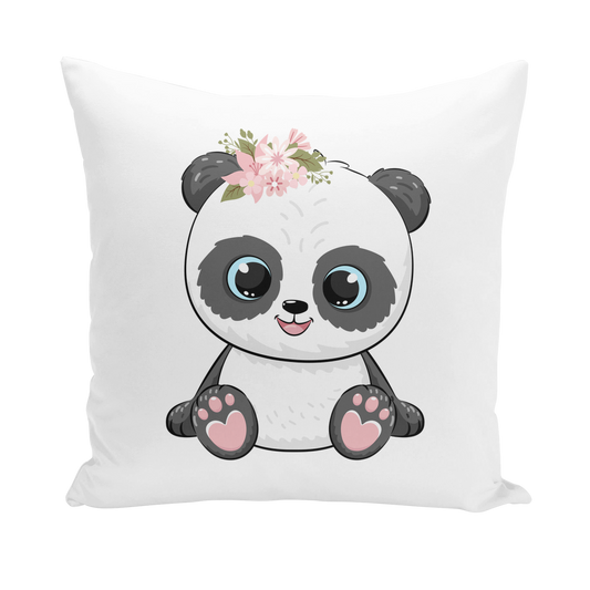 A square white throw pillow featuring a cute cartoon panda with large blue eyes, a pink flower crown, and pink paw pads, shown on a plain white background.