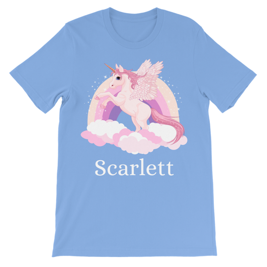 Girls personalised flying unicorn rainbow light blue T-shirt with custom name Scarlett