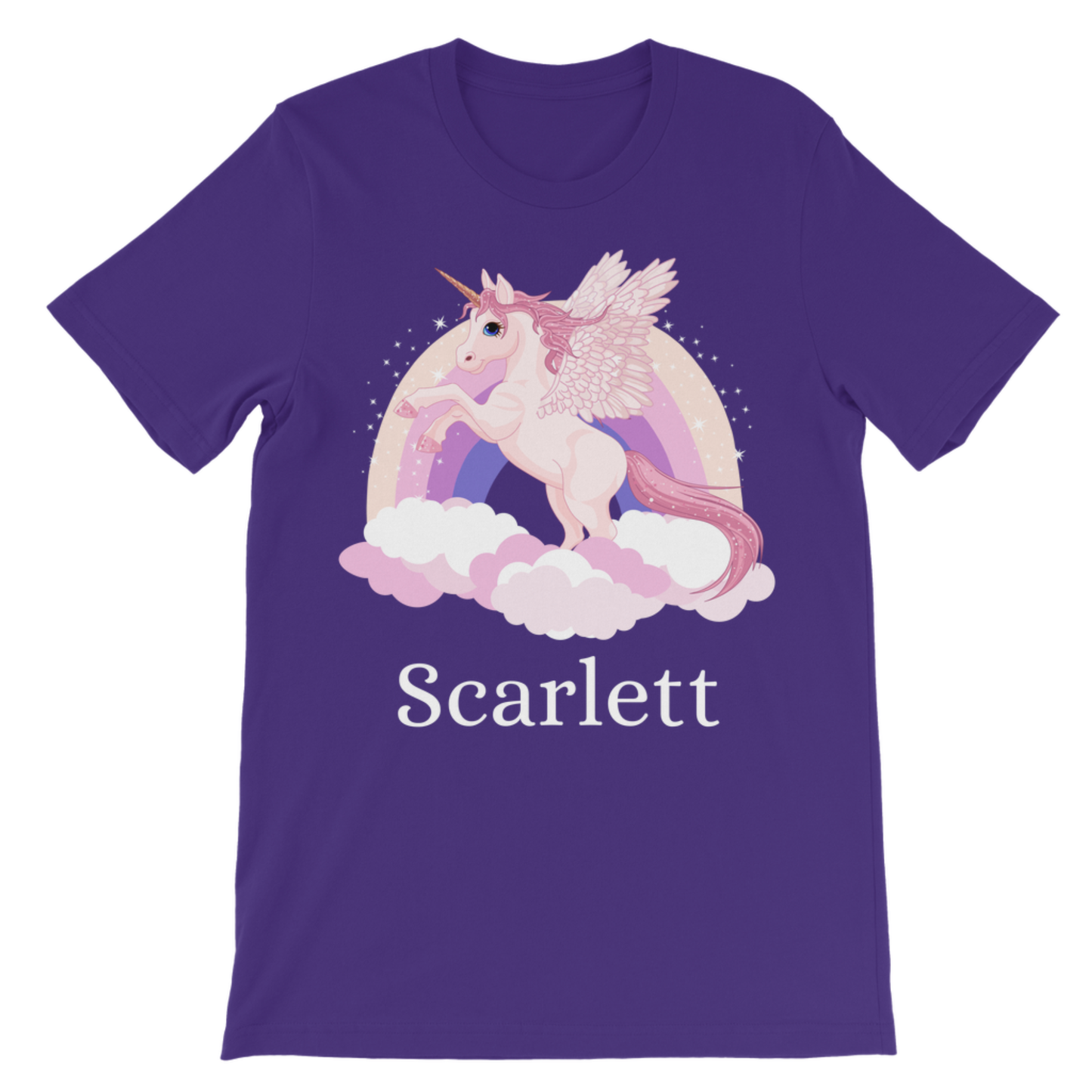 Girls personalised unicorn with rainbow  and clouds printed purple T-shirt with custom name Scarlett