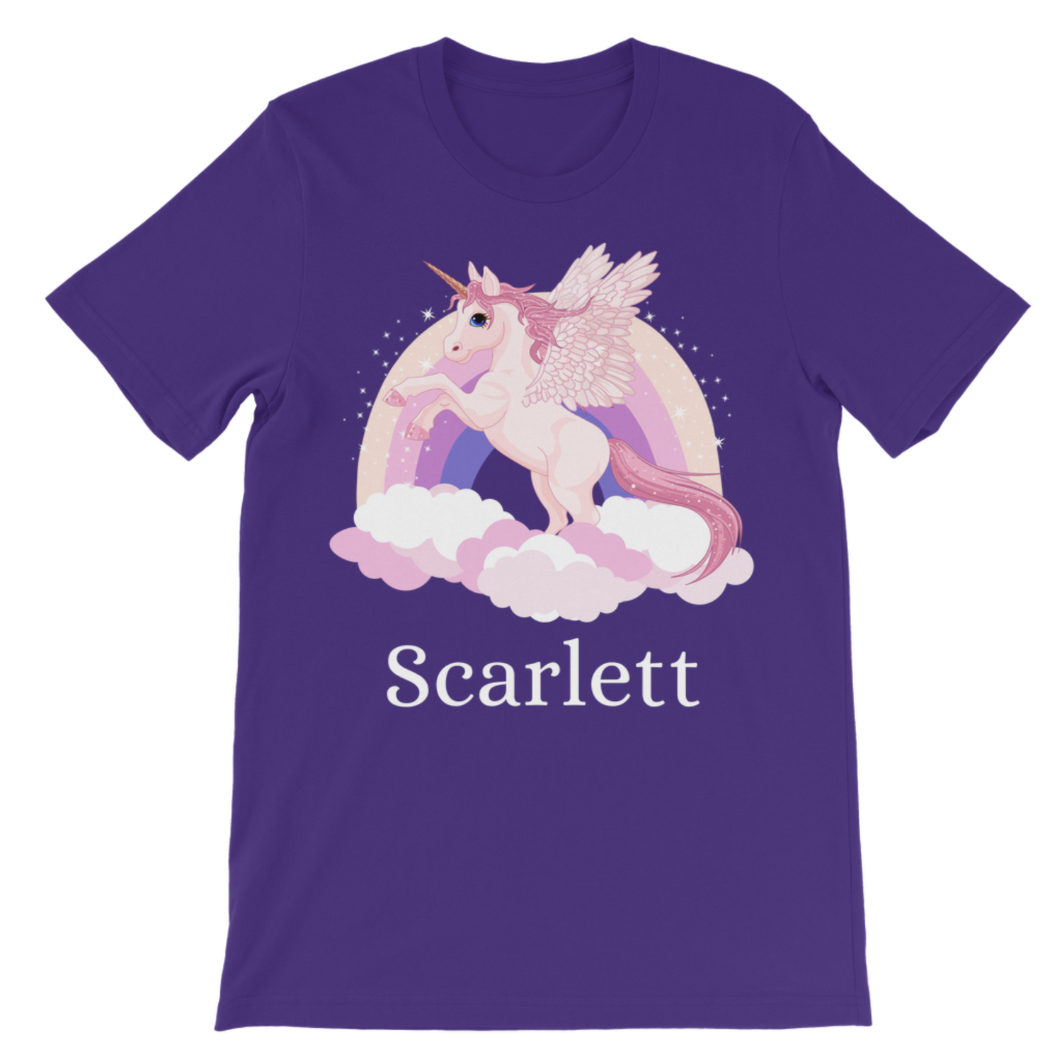 Girls personalised unicorn with rainbow  and clouds printed purple T-shirt with custom name Scarlett