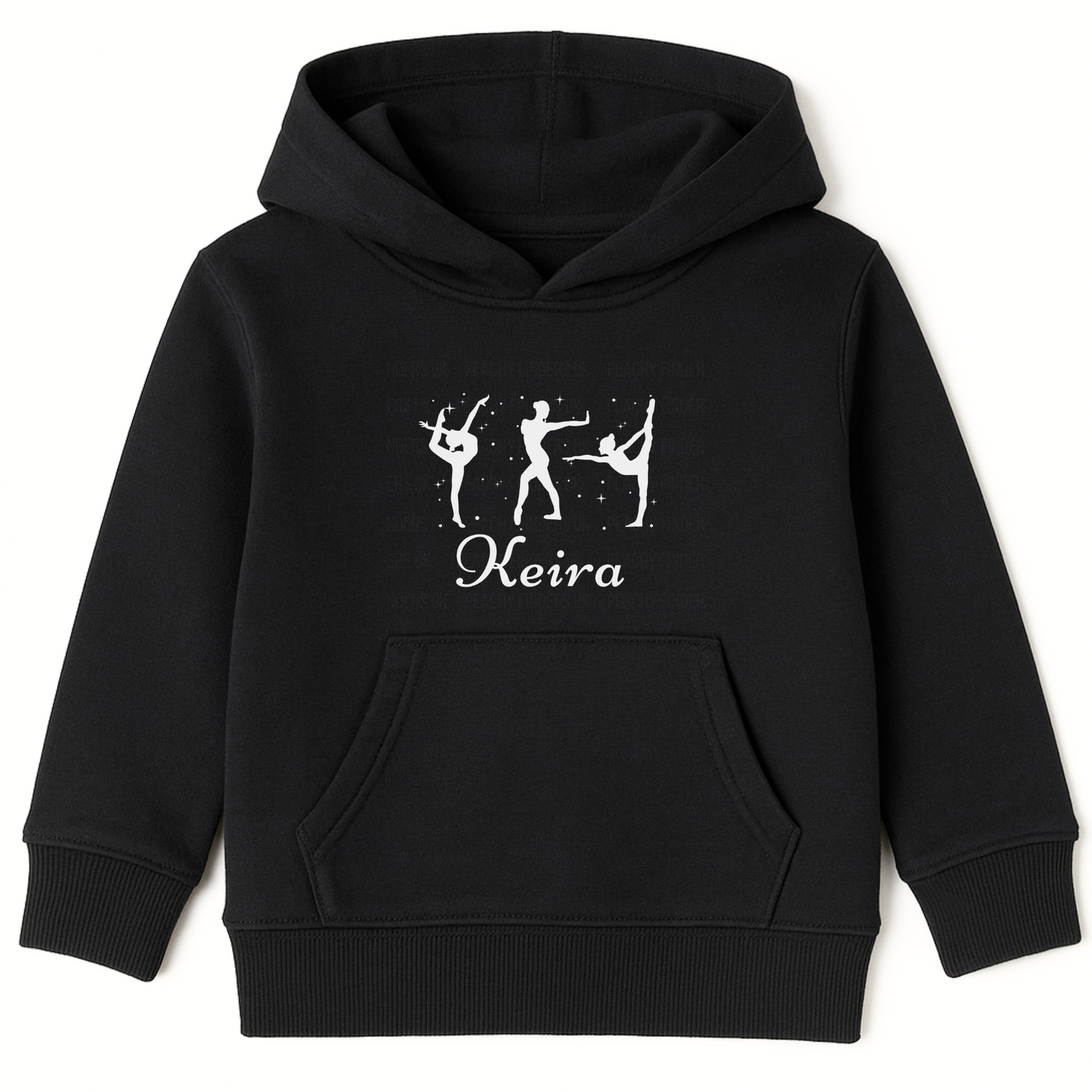 Girl personalised black gymnastics hoodie with name and gymnast silhouette print