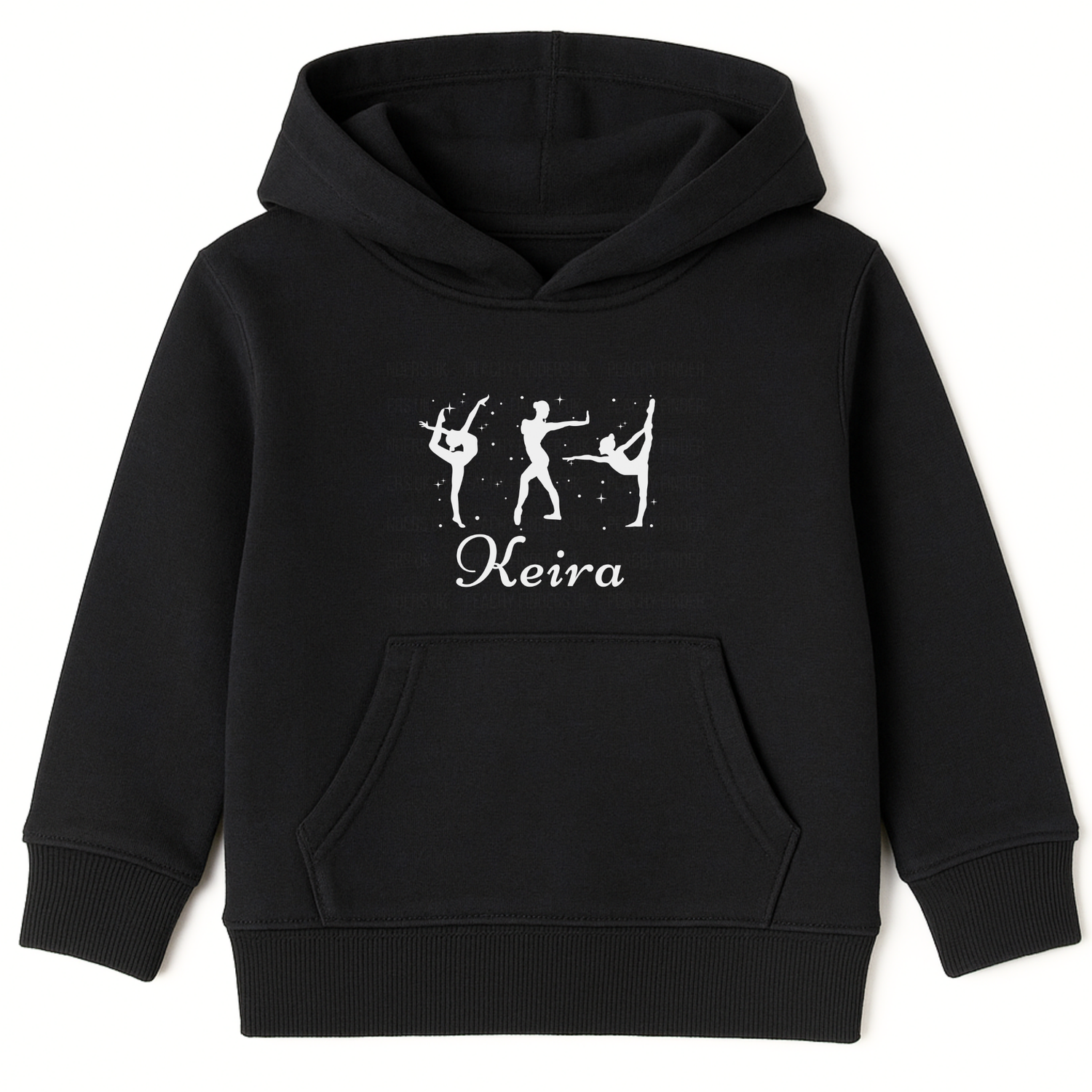 Girl personalised black gymnastics hoodie with name and gymnast silhouette print