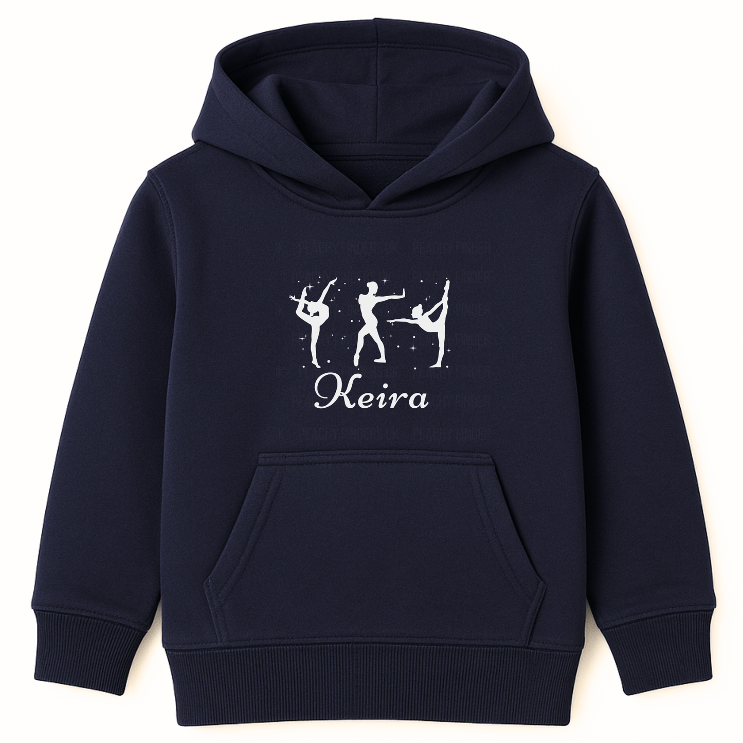 Girl personalised navy gymnastics hoodie with name and gymnast silhouette print