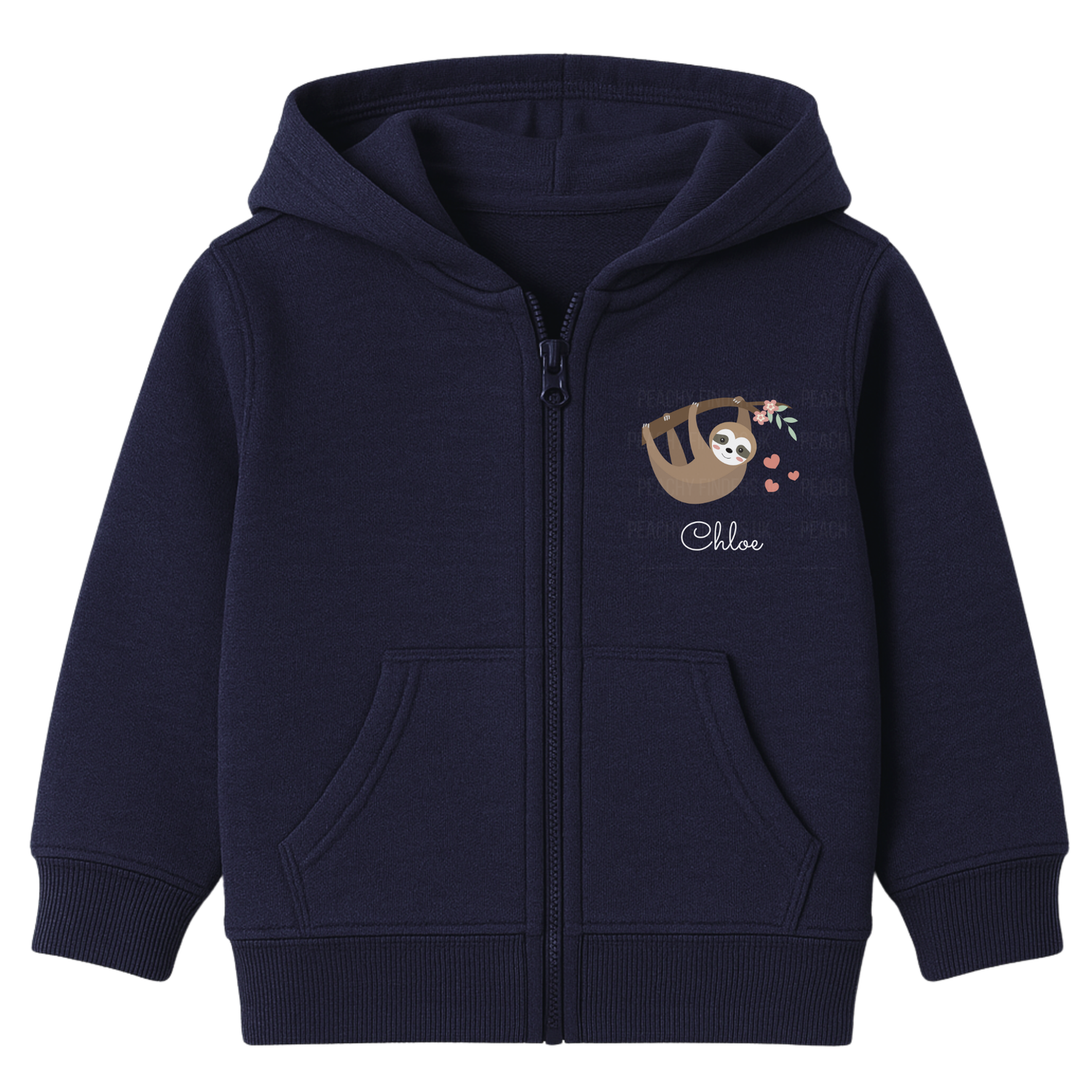 Kids navy zip-up hoodie with hanging sloth, floral branch, pink hearts, and personalised name printed on the chest, displayed on a white background.