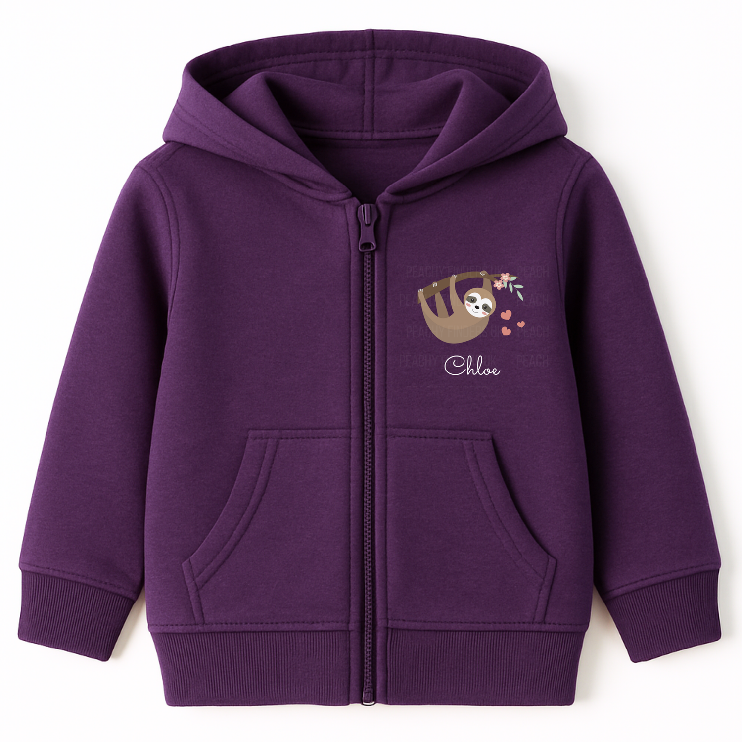 Kids purple zip-up hoodie with hanging sloth, floral branch, pink hearts, and personalised name printed on the chest, displayed on a white background.