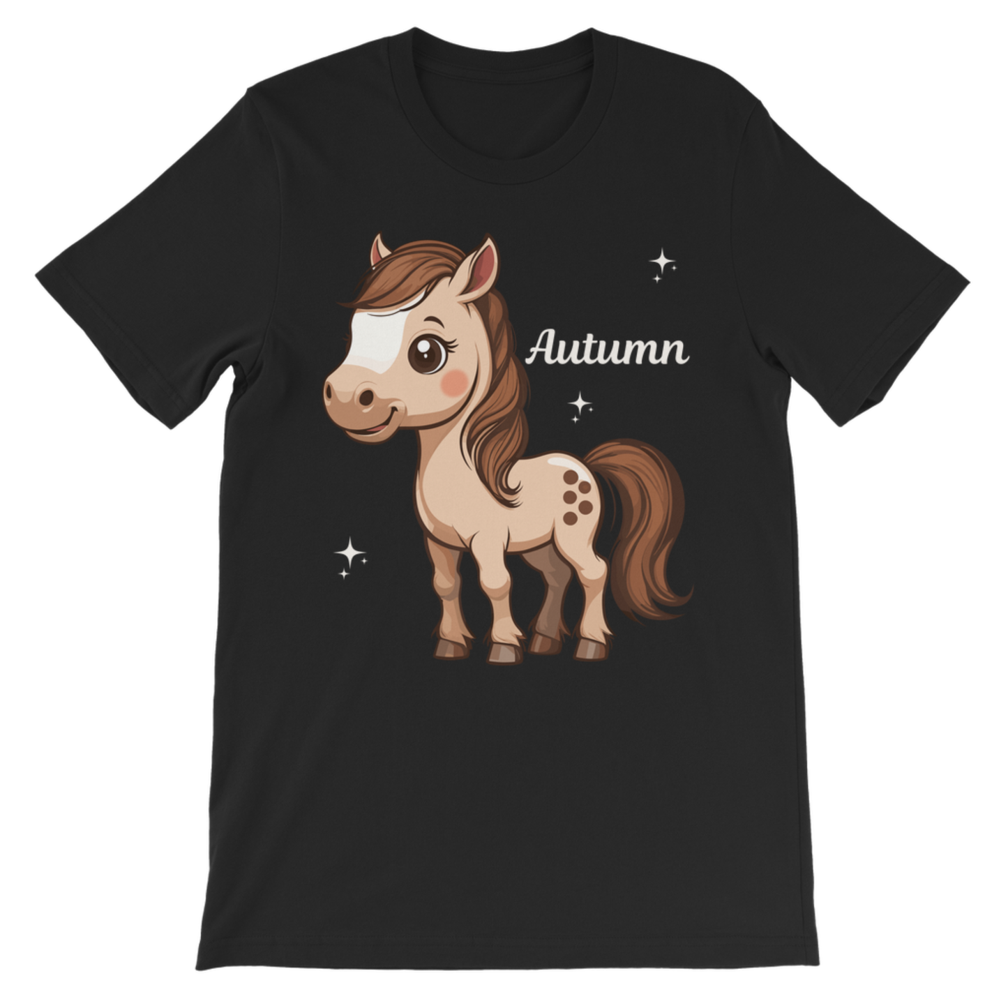 Black t-shirt with a cartoon horse and 'Autumn' text on a white background