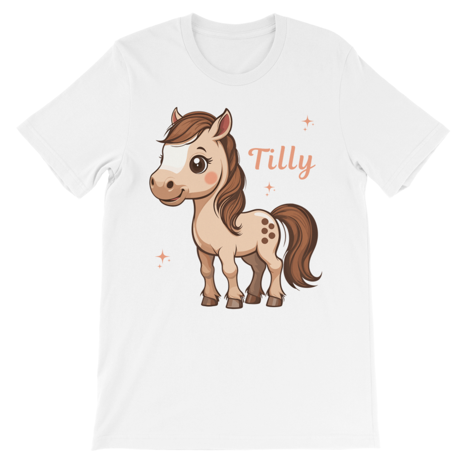 White t-shirt with a cartoon horse and 'Tilly' text on a white background