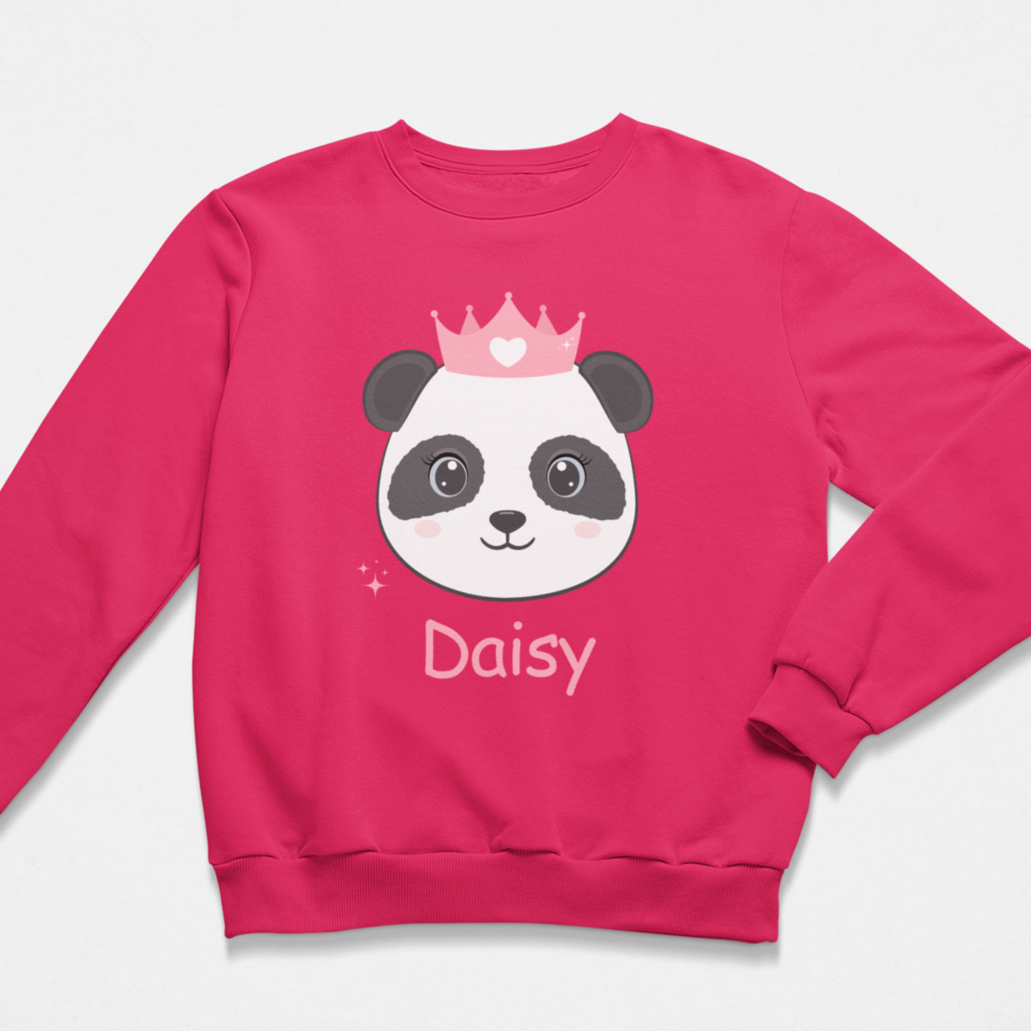 Girls hot pink personalised panda princess sweatshirt for girls with custom name “Daisy”.