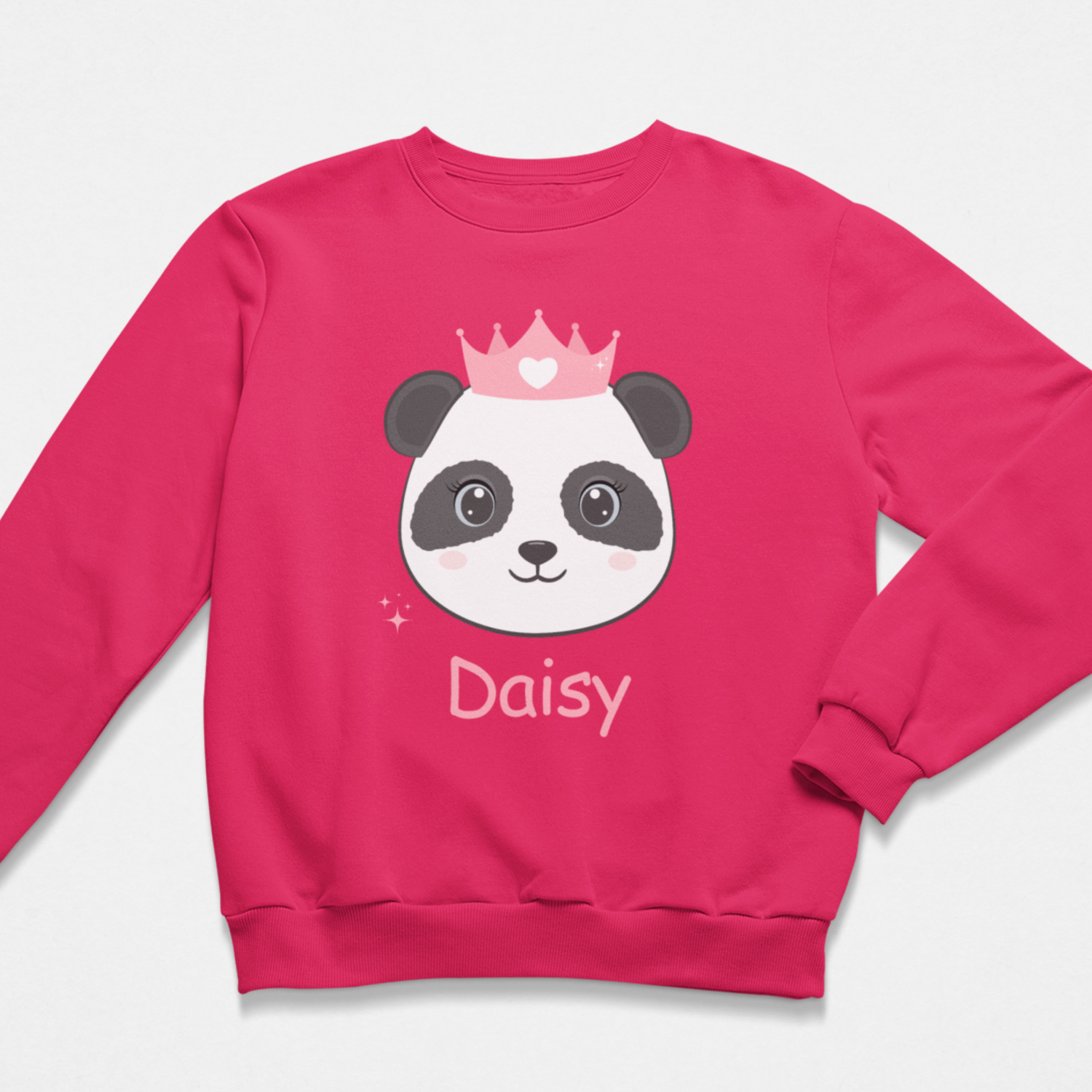 Girls hot pink personalised panda princess sweatshirt for girls with custom name “Daisy”.
