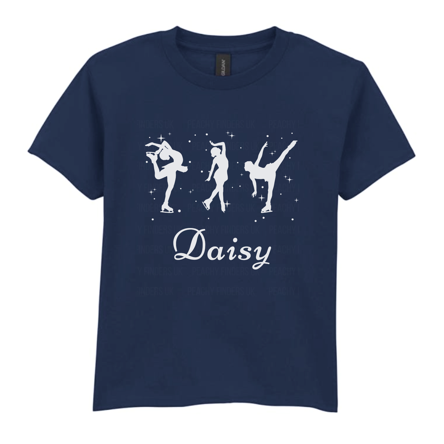Girls navy blue t-shirt with white silhouettes of three figure skaters and the name 'Daisy' flat lay product