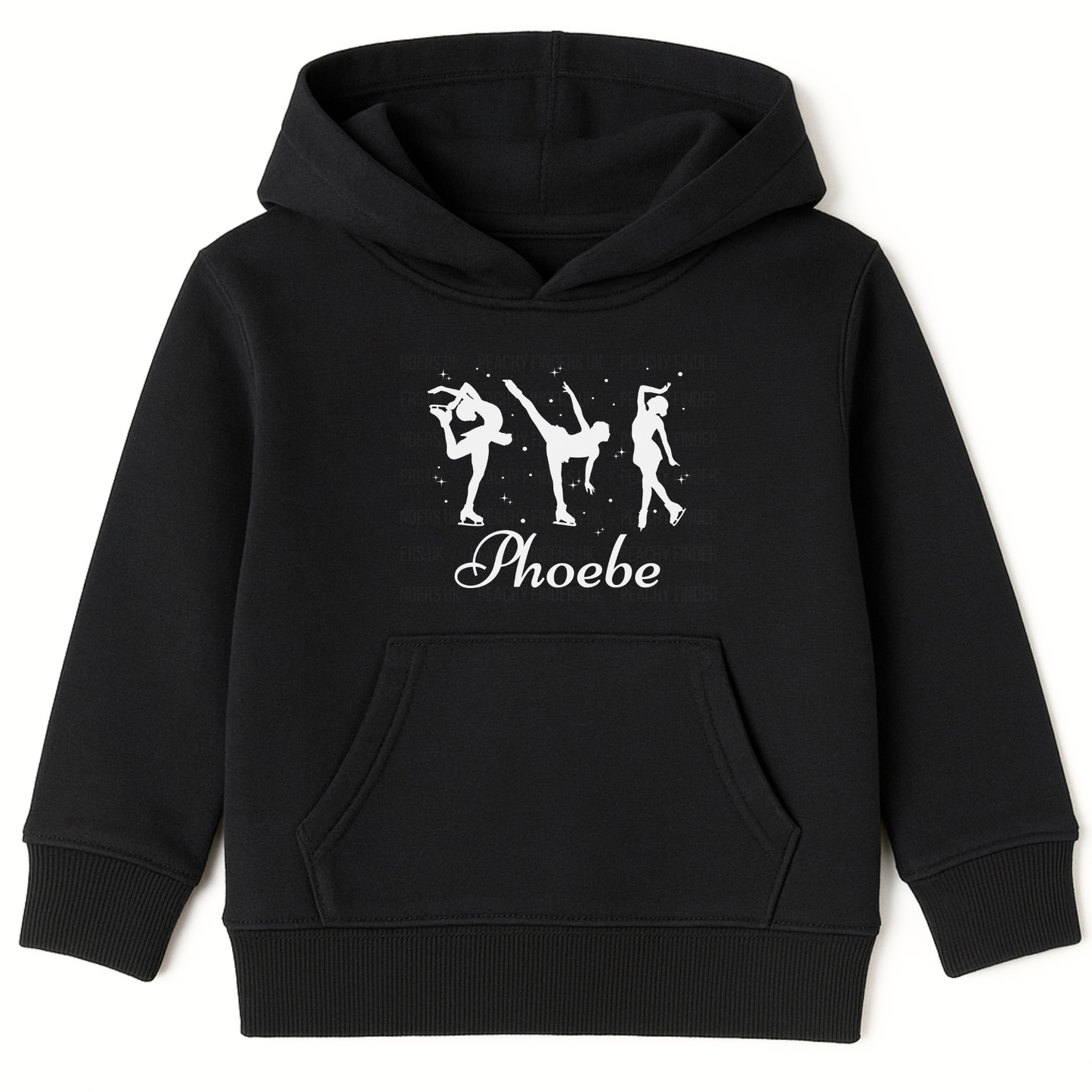 Girls pullover hoodie in black with three white figure skater silhouettes and personalised name “Phoebe” in script under the design.