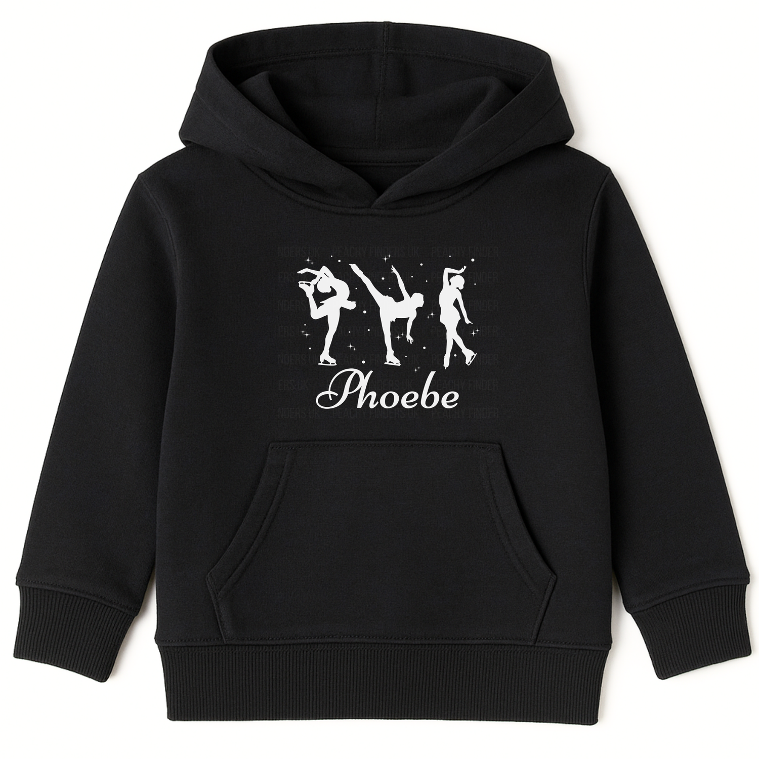 Girls pullover hoodie in black with three white figure skater silhouettes and personalised name “Phoebe” in script under the design.