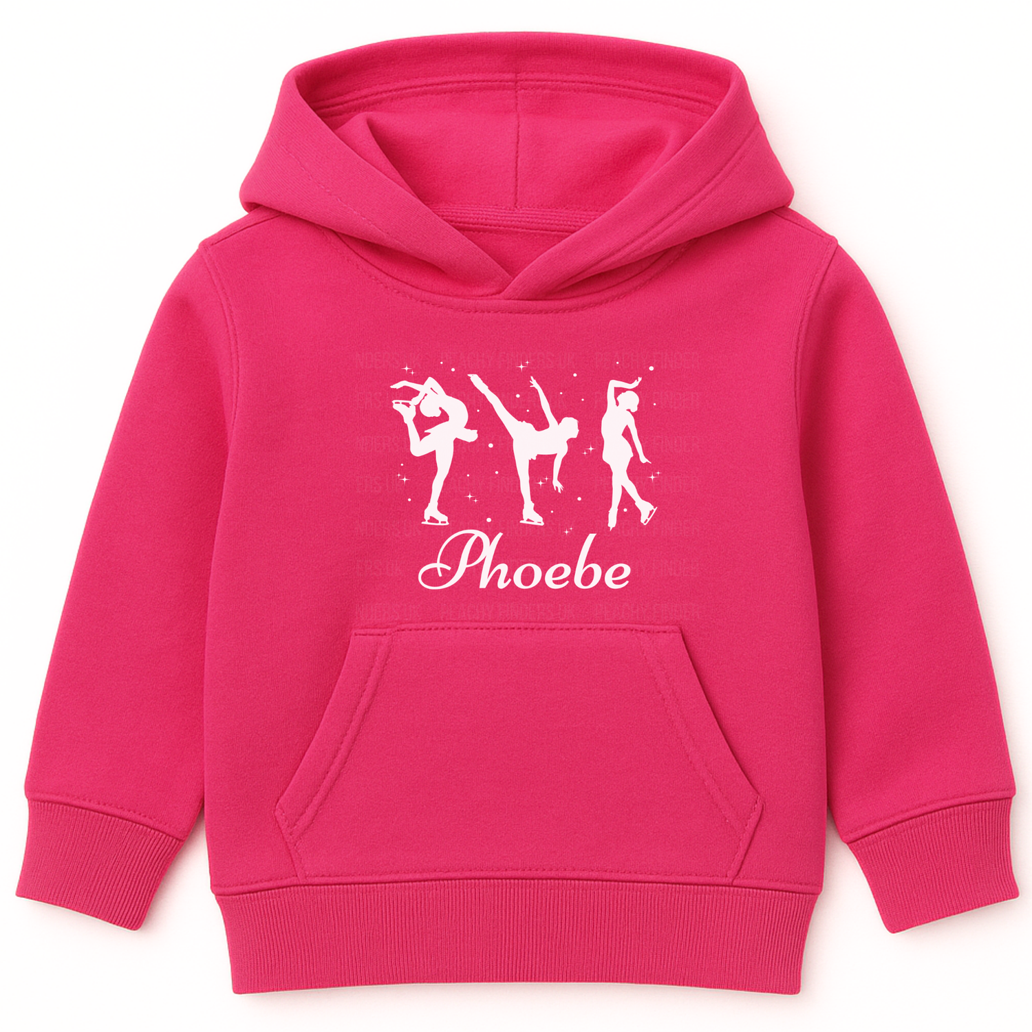 Hot Pink girls ice skating hoodie with three white figure skater silhouettes and personalised name “Phoebe” in script under the design.