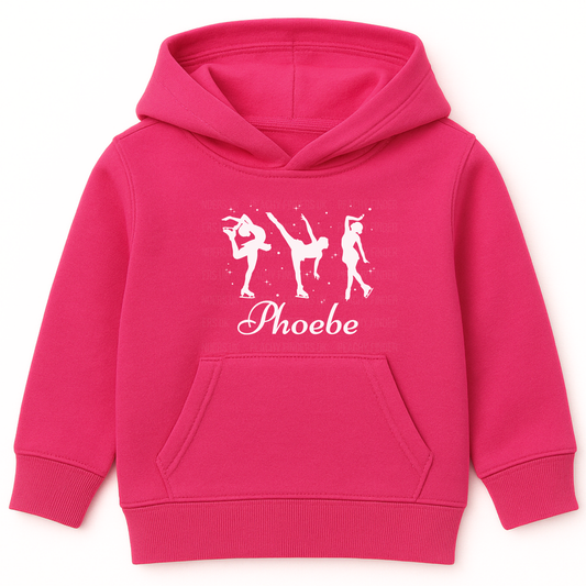 Hot Pink girls ice skating hoodie with three white figure skater silhouettes and personalised name “Phoebe” in script under the design.