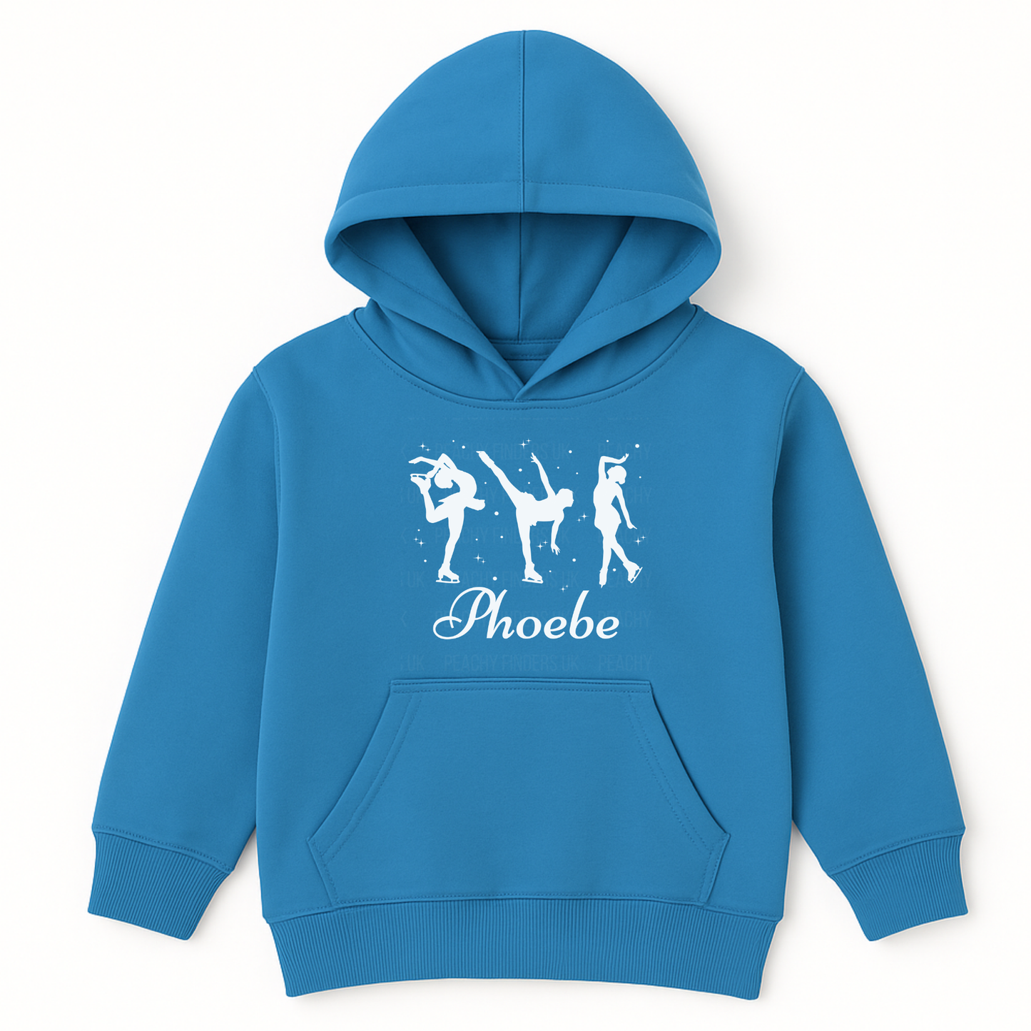 Girls custom-name pullover hoodie in sapphire blue with three white figure skater silhouettes and personalised name “Phoebe” in script under the design.