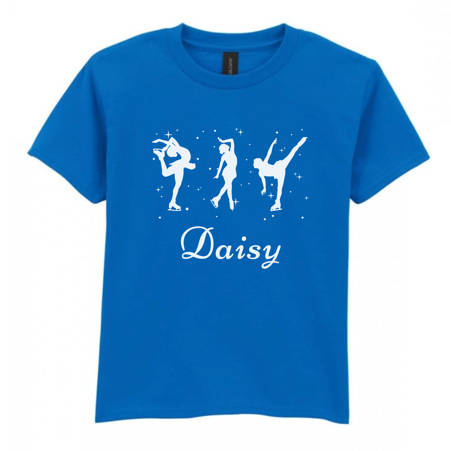 Girls royal blue t-shirt with white silhouettes of three figure skaters and stars and the name 'Daisy' flat lay product