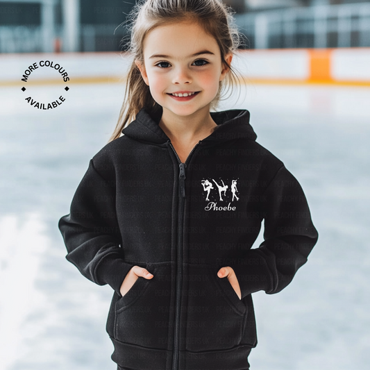 Girl wearing black personalised ice skating zip hoodie with custom name on an ice rink.
