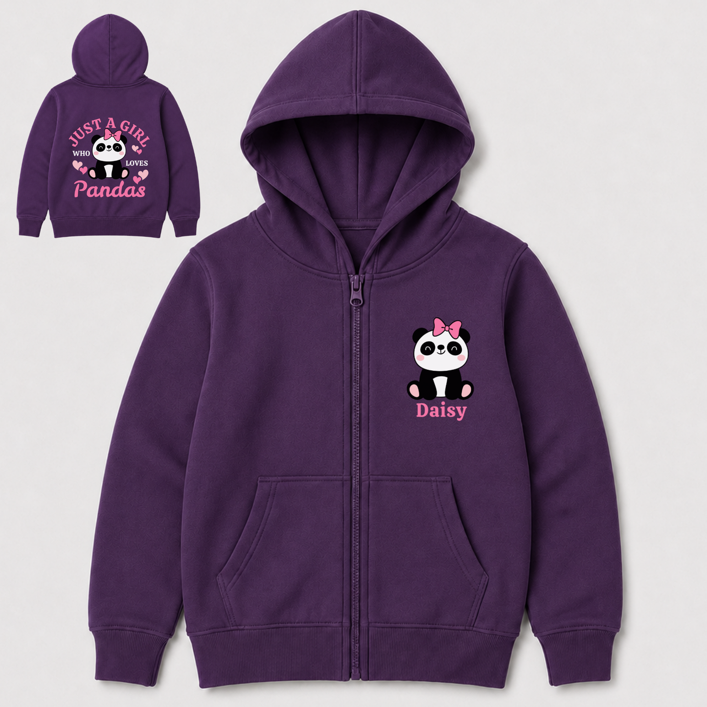 A kids purple zip-up hoodie shown from the front and back on a light grey background. The front features a cartoon panda graphic with a pink bow and the name 'Daisy' in pink.