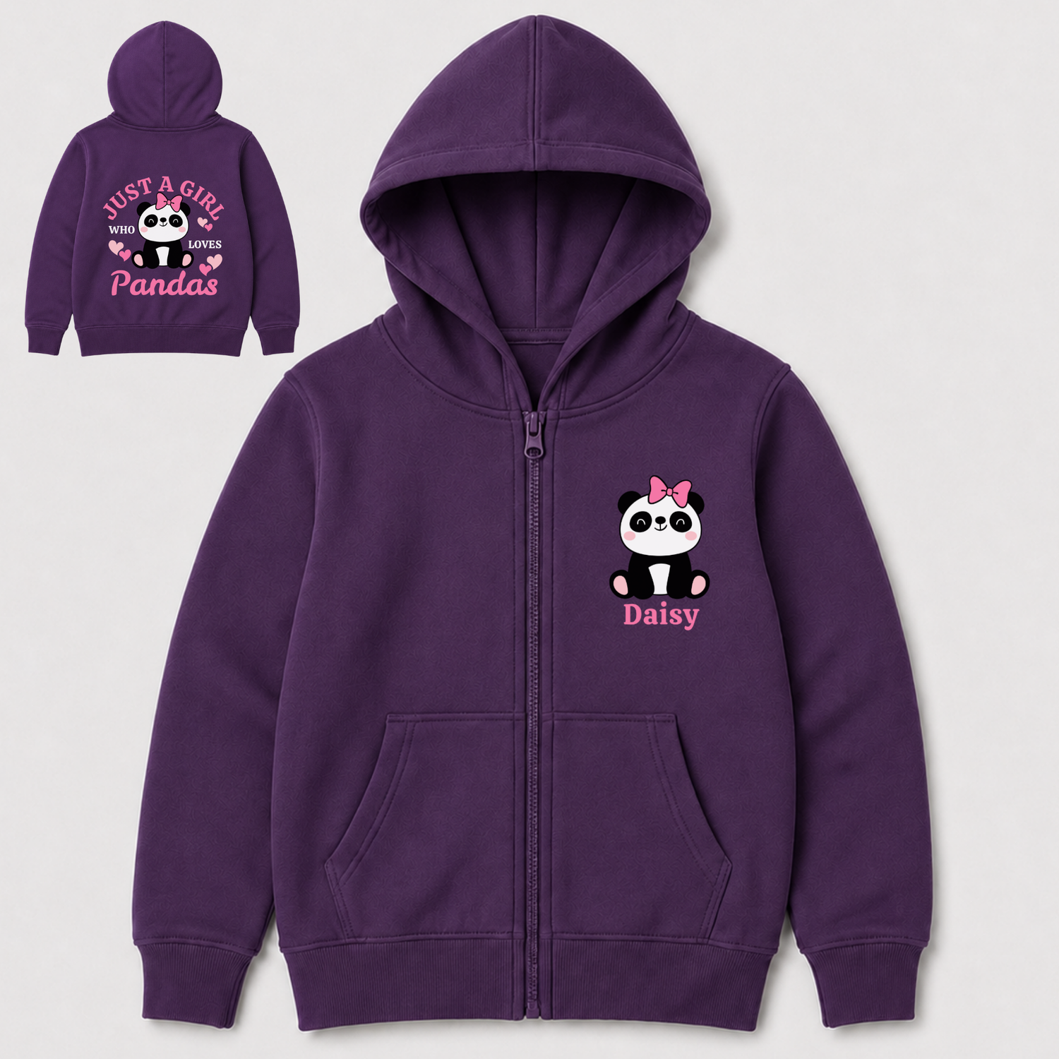 A kids purple zip-up hoodie shown from the front and back on a light grey background. The front features a cartoon panda graphic with a pink bow and the name 'Daisy' in pink.