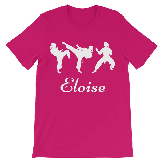 Girls pink martial arts t-shirt with three white karate silhouettes and a custom name printed underneath in script font