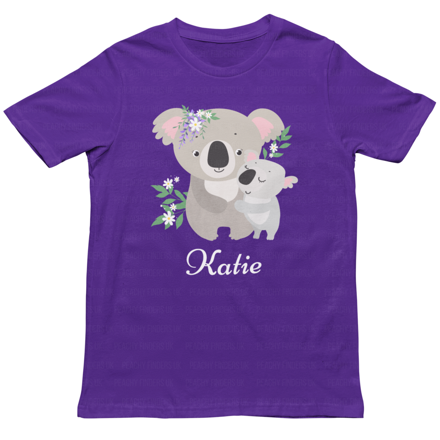 girls purple t-shirt featuring a cute mum and baby koala graphic.