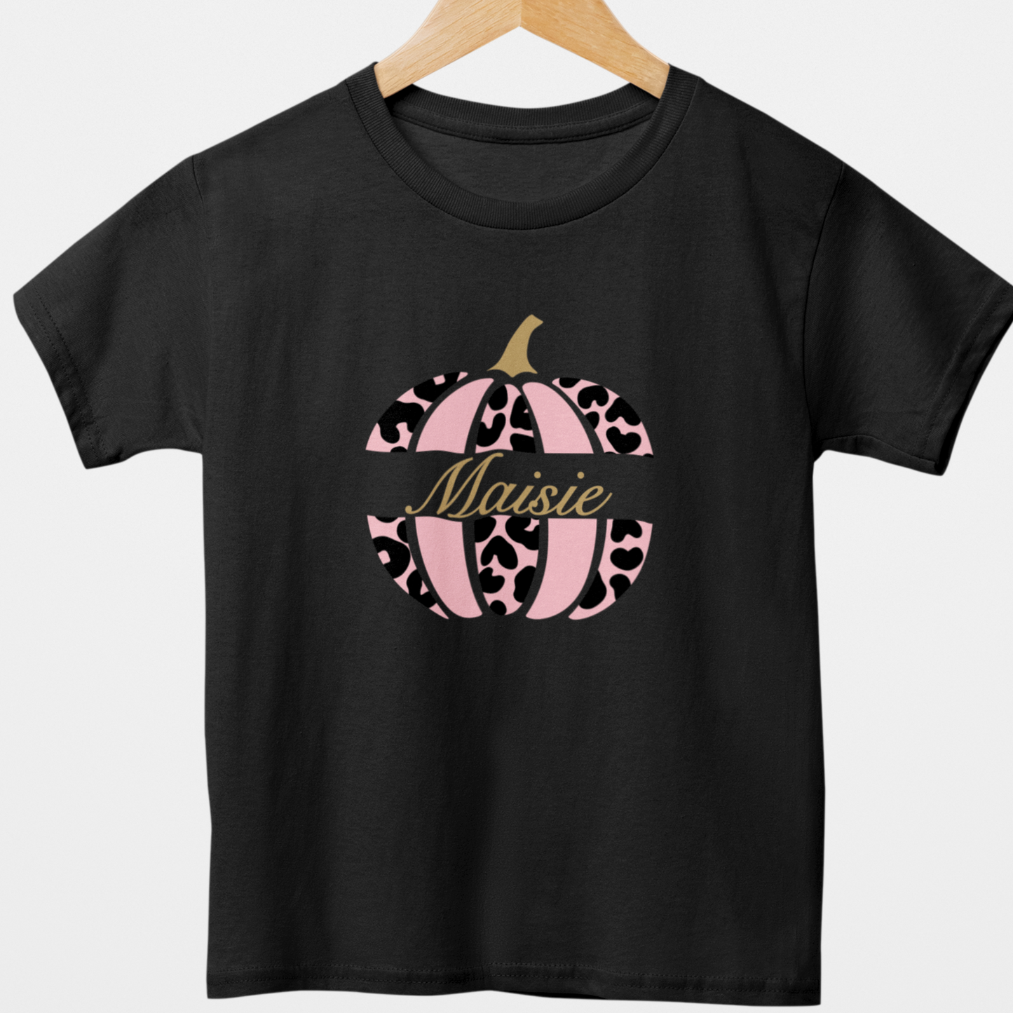 Girls Cute Leopard Print Personalised Pumpkin T-shirt