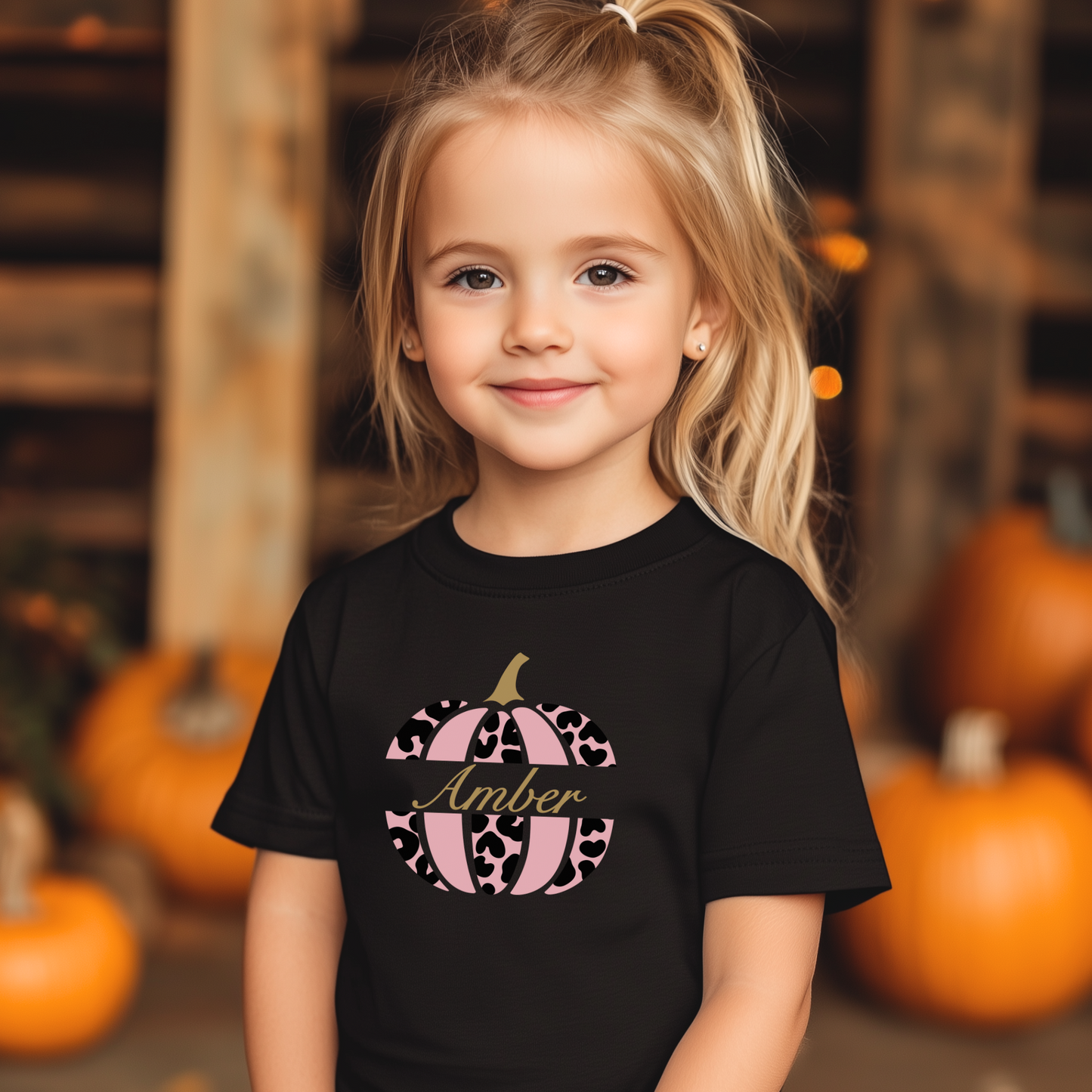 Girls Cute Leopard Print Personalised Pumpkin T-shirt