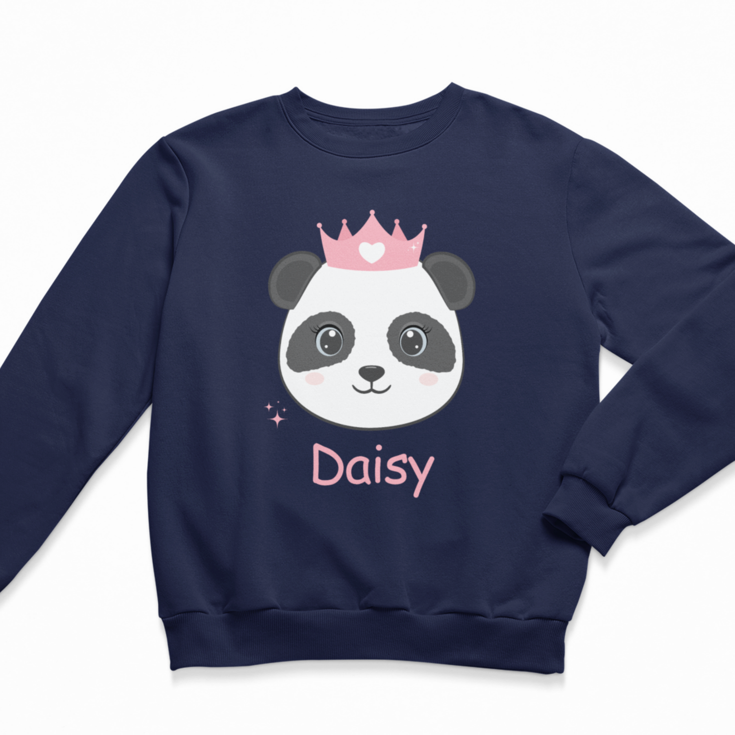 Kids navy blue sweatshirt with a panda wearing a pink crown and the name 'Daisy' on a white background