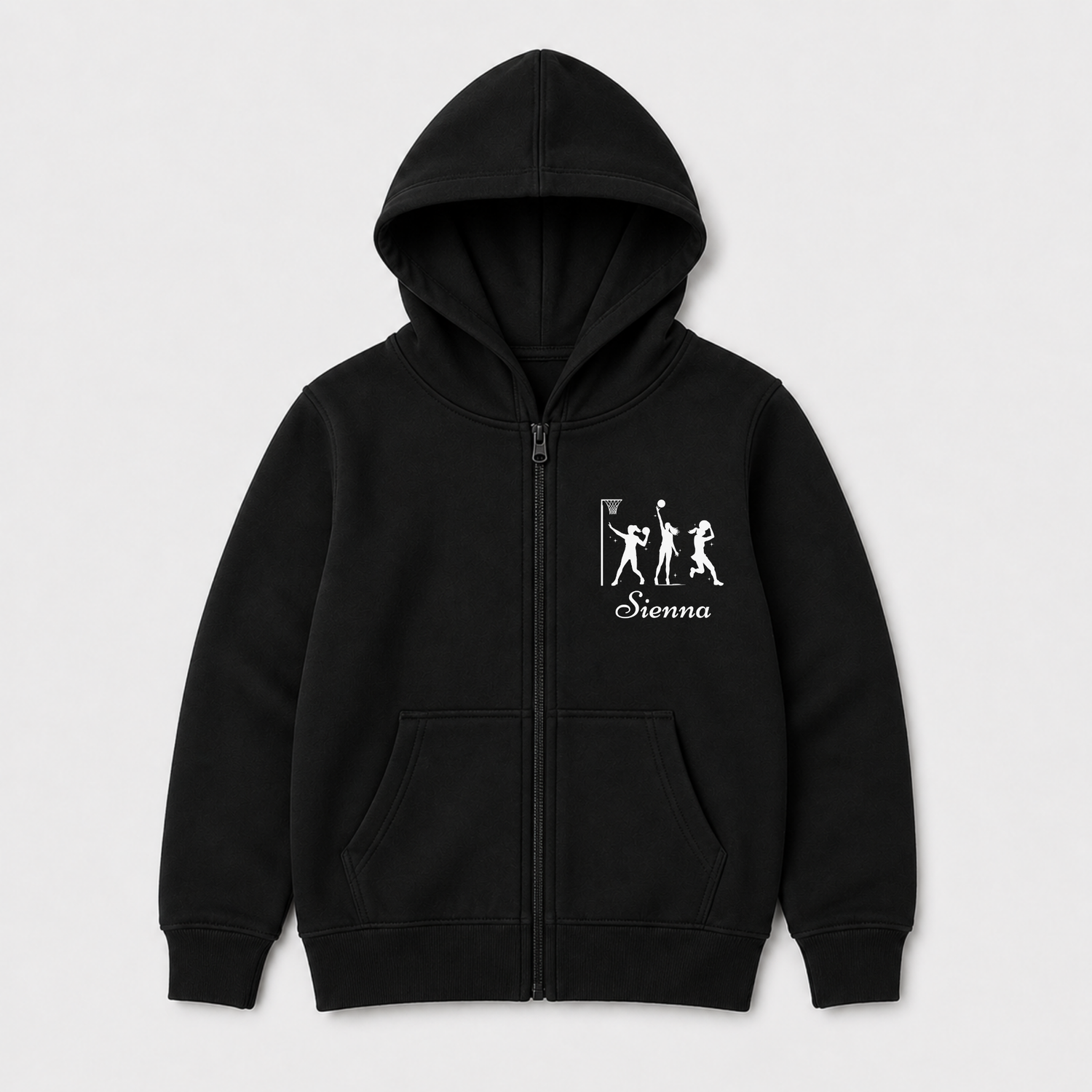 Girls’  black zip hoodie with white netball player artwork and the personalised name “Megan” on the chest.