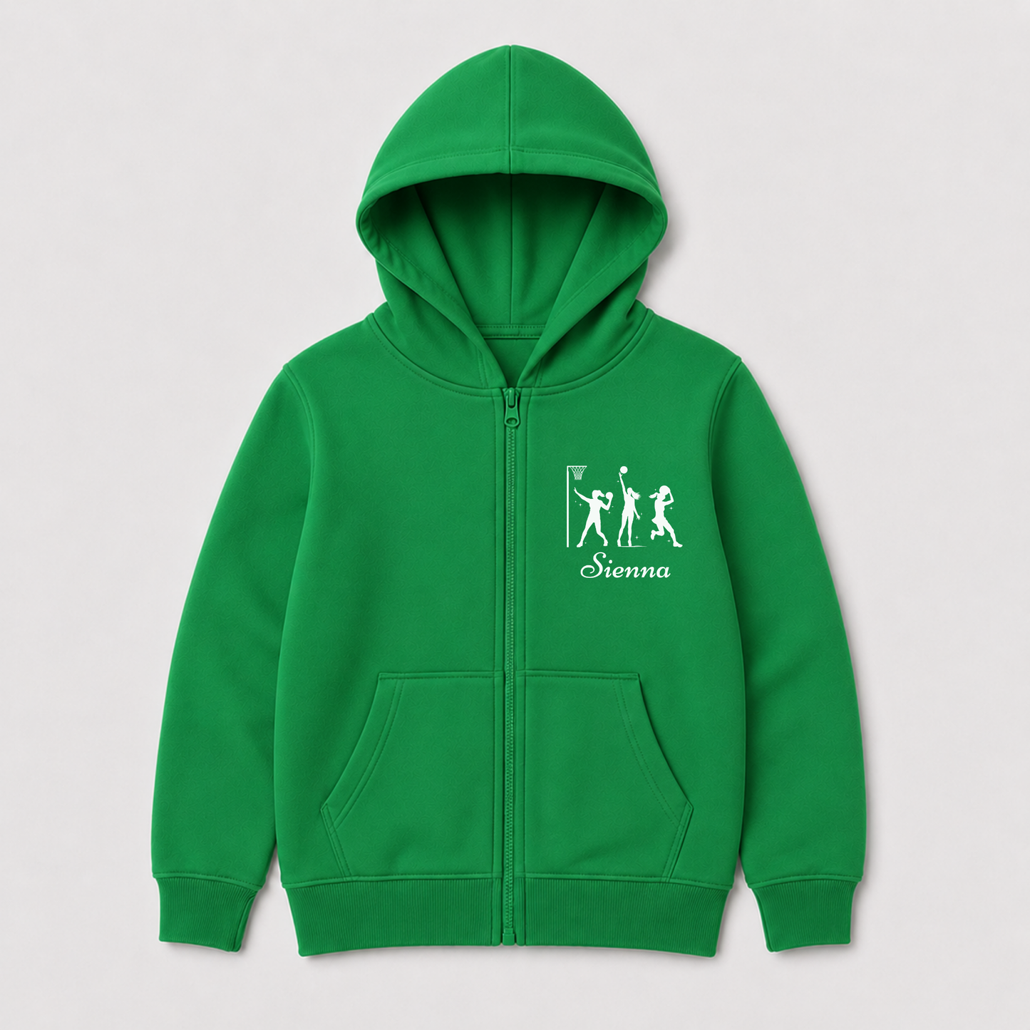Green netball zip hoodie for girls, shown from the front with a white goalpost, three players and the name “Sienna”.