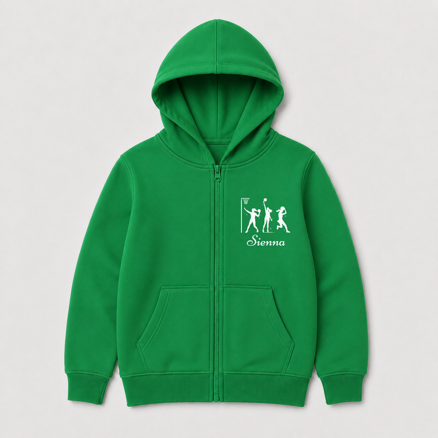 Green netball zip hoodie for girls, shown from the front with a white goalpost, three players and the name “Sienna”.