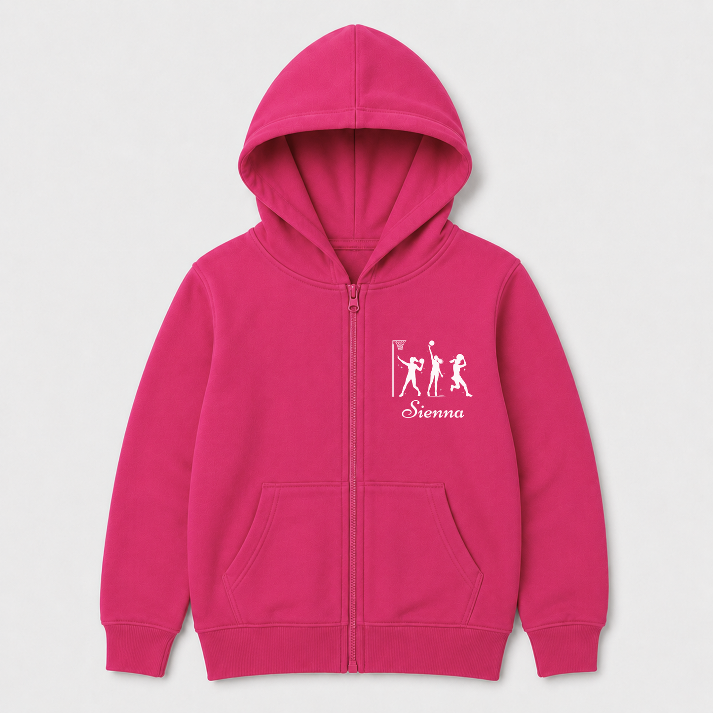 Hot pink girls’ personalised hoodie with a small white netball design and “Sienna” printed beside the zip.
