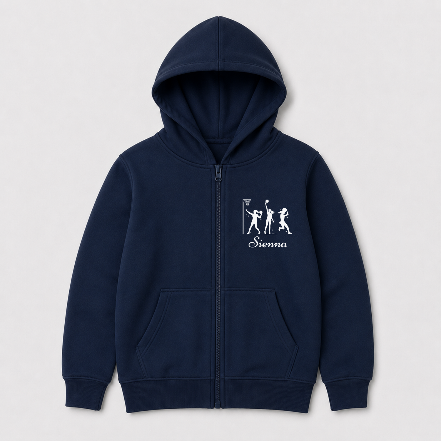Navy children’s zip hoodie featuring white netball silhouettes and the custom name “Sienna” on the left chest.