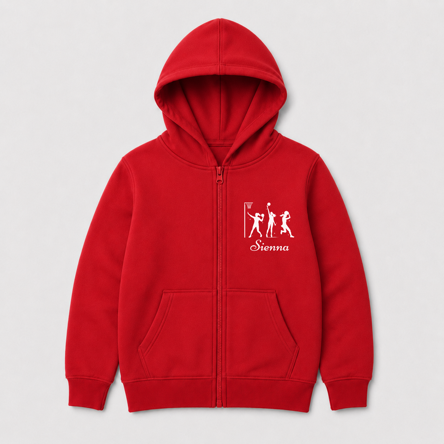 Red personalised netball zip hoodie with “Sienna” beneath a white three-player graphic.