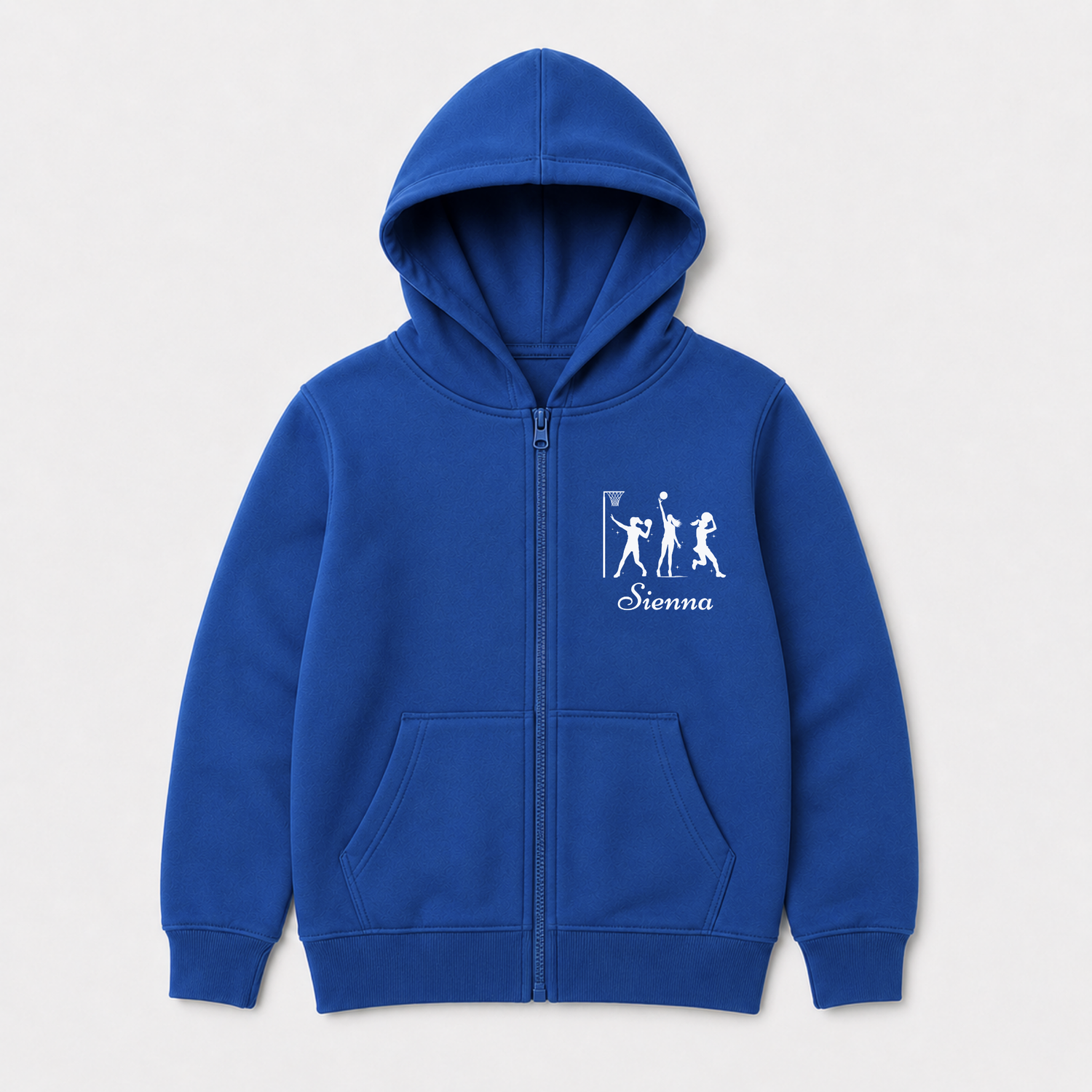 Royal blue girls’ zip hoodie with a white netball goal and players above the name “Sienna”.