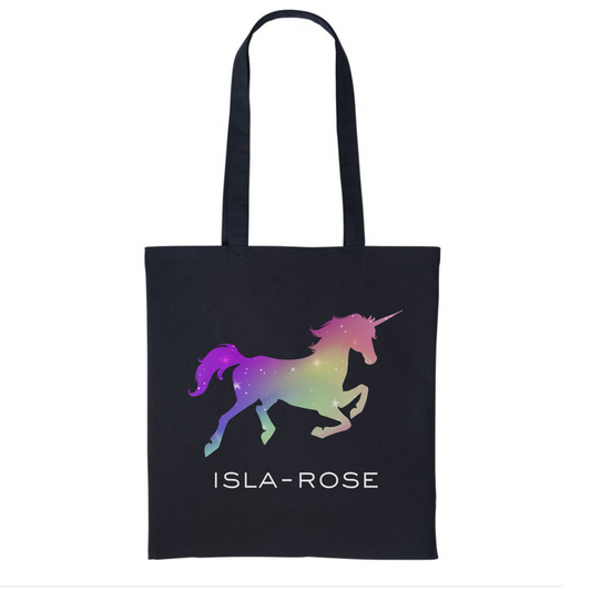 Girls custom name Unicorn tote bag - features a colourful ombre style unicorn silhouette with stars and name printed below. 