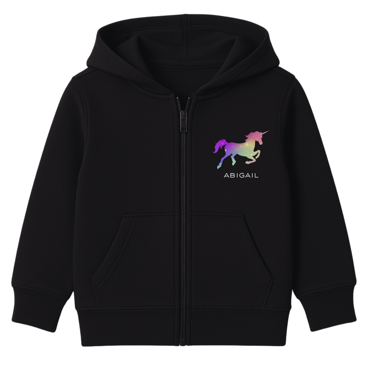 Girls black zip-up hoodie featuring a colourful ombre unicorn graphic in rainbow tones printed on the left chest, with a custom name printed underneath