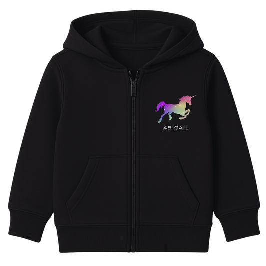 Girls black zip-up hoodie featuring a colourful ombre unicorn graphic in rainbow tones printed on the left chest, with a custom name printed underneath