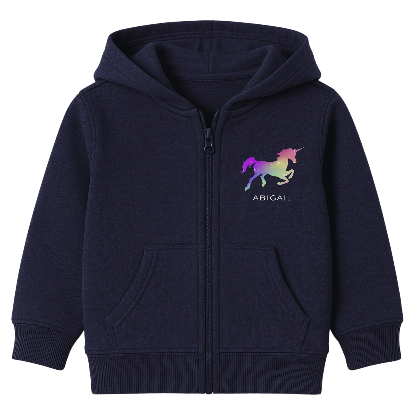 Girls navy zip-up hoodie featuring a colourful ombre unicorn graphic in rainbow tones printed on the left chest, with a custom name printed underneath