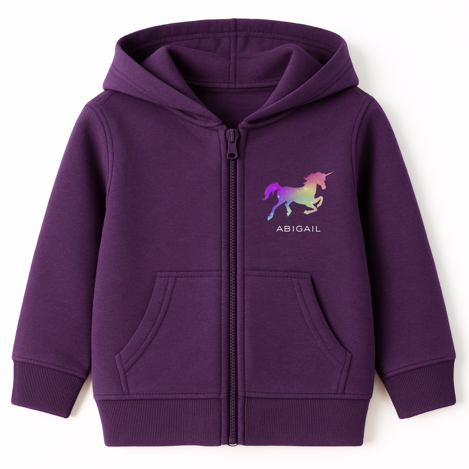 Girls purple zip-up hoodie featuring a colourful ombre unicorn graphic in rainbow tones printed on the left chest, with a custom name printed underneath