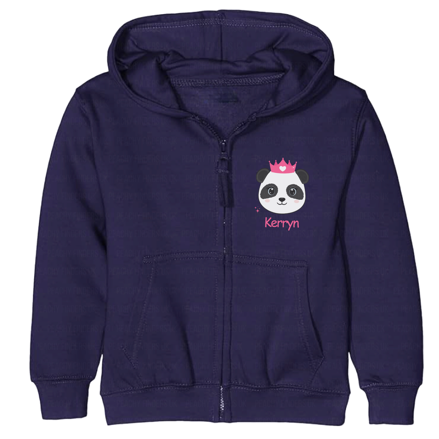 Navy blue hoodie with a panda design and 'Kerry' text on a white background